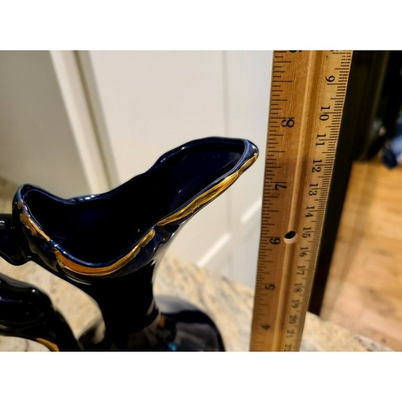 Cobalt Blue Ceramic Gold Trimmed Pitcher Peacock Design 7.5" Tall - Picture 11 of 12